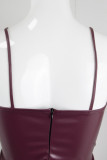 Burgundy Sexy Solid Hollowed Out Patchwork Backless Slit Spaghetti Strap Sling Dress Dresses