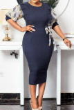 Blue Gray Fashion Casual Print Patchwork O Neck Short Sleeve Pencil Dresses
