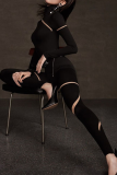 Black Sexy Solid Patchwork Turtleneck Long Sleeve Two Pieces