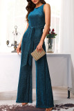 Blue Sexy Solid Patchwork Backless O Neck Straight Jumpsuits
