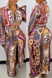 Colour Fashion Casual Print Slit Turndown Collar Long Sleeve Shirt Dress