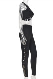 Black Fashion Sexy Solid Hollowed Out Vests Pants O Neck Sleeveless Two Pieces
