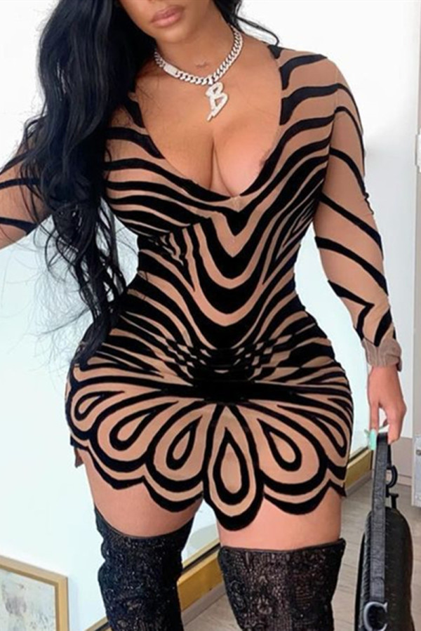 Beige Fashion Sexy Print Basic V Neck A Line Dresses