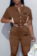 Coffee Casual Letter Print Patchwork O Neck Short Sleeve Two Pieces