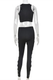 Black Fashion Sexy Solid Hollowed Out Vests Pants O Neck Sleeveless Two Pieces