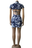 Blue Black Sexy Print Hollowed Out Patchwork Backless Half A Turtleneck One Step Skirt Dresses