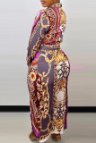 Colour Fashion Casual Print Slit Turndown Collar Long Sleeve Shirt Dress