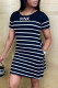 Black Fashion Casual Letter Striped Print Basic O Neck Short Sleeve Dress