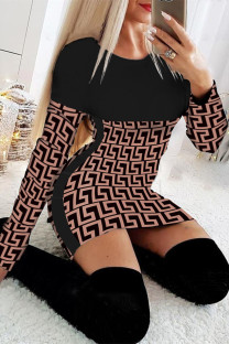 Brown Fashion Casual Print Split Joint O Neck Long Sleeve Dresses