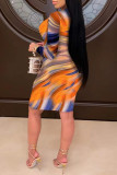 Colour Fashion Sexy Print Slit Zipper Collar Long Sleeve Dresses