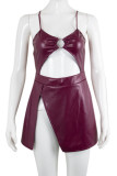 Burgundy Sexy Solid Hollowed Out Patchwork Backless Slit Spaghetti Strap Sling Dress Dresses