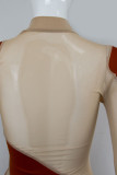 Brown Sexy Solid Patchwork See-through Half A Turtleneck One Step Skirt Dresses