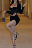 Black Sexy Solid Mesh Square Collar Long Sleeve Two Pieces