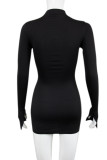Black Sexy Solid Hollowed Out Patchwork Slit O Neck One Step Skirt Dresses