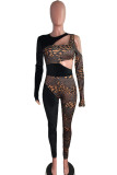 Black Fashion Sexy Patchwork Print Hollowed Out O Neck Skinny Jumpsuits