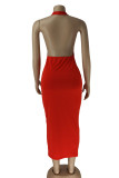 Red Sexy Print Split Joint Halter One Step Skirt Dresses