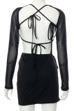 Black Sexy Solid Patchwork Halter Long Sleeve Two Pieces