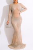 Apricot Fashion Sexy Patchwork Hot Drilling See-through O Neck Evening Dress