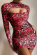 Red Sexy Print Leopard Hollowed Out Patchwork O Neck One Step Skirt Dresses