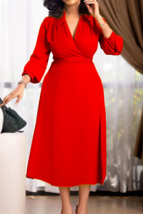 Red Fashion Casual Solid Basic V Neck Dresses