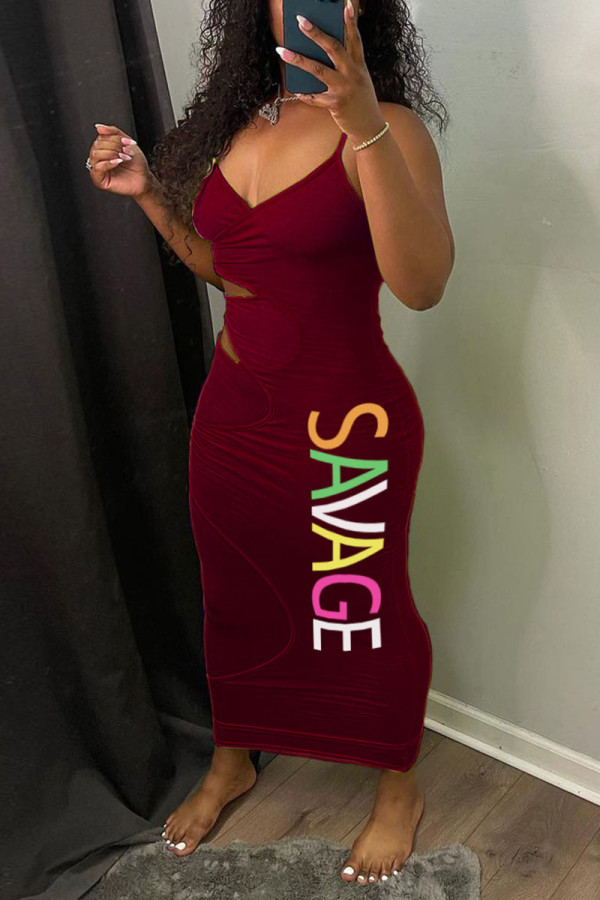 Burgundy Sexy Solid Hollowed Out Patchwork Spaghetti Strap One Step Skirt Dresses