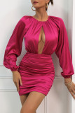 Rose Red Sexy Solid Hollowed Out Patchwork Fold O Neck One Step Skirt Dresses