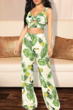Light Green Sexy Casual Print Hollowed Out Backless Spaghetti Strap Sleeveless Two Pieces