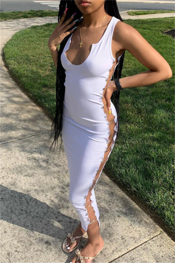 White Fashion Sexy Solid Hollowed Out V Neck Vest Dress