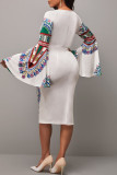 White Elegant Print Patchwork Slit V Neck One Step Skirt Dresses
