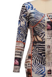 Multicolor Casual Print Patchwork Zipper O Neck One Step Skirt Dresses