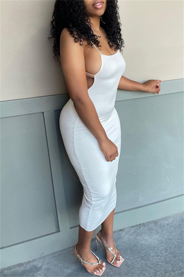 White Fashion Sexy Solid Backless Spaghetti Strap Long Dress
