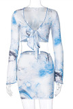 Blue Fashion Sexy Print Bandage Long Sleeve Two Pieces
