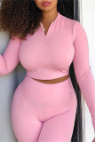 Pink Casual Sportswear Solid Basic Zipper Collar Long Sleeve Two Pieces