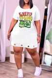 White Fashion Casual Letter Print Basic O Neck Short Sleeve Dress