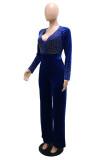 Blue Fashion Casual Patchwork Hot Drill V Neck Regular Jumpsuits