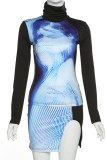 Blue Sexy Street Print Patchwork Slit Turtleneck Long Sleeve Two Pieces