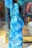 Blue Fashion Sexy Print Basic Hooded Collar Long Sleeve Dresses