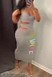 Gray White Sexy Solid Hollowed Out Patchwork Spaghetti Strap One Step Skirt Dresses