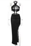 Black Sexy Solid Hollowed Out Backless Slit Halter Long Dress