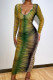 Green Fashion Sexy Print See-through V Neck Long Sleeve Dresses