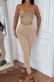 Apricot Fashion Sexy Solid Patchwork Backless Spaghetti Strap Skinny Jumpsuits