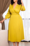 Earth Yellow Fashion Casual Solid Basic V Neck Dresses