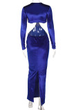 Blue Fashion Sexy Solid Hollowed Out V Neck Long Sleeve Dresses