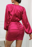 Rose Red Sexy Solid Hollowed Out Patchwork Fold O Neck One Step Skirt Dresses