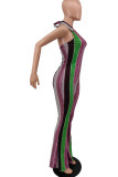 Purple Sexy Striped Print Bandage Patchwork Backless Halter Boot Cut Jumpsuits