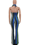 Blue Sexy Striped Print Bandage Patchwork Backless Halter Boot Cut Jumpsuits