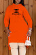 Orange Fashion Casual Letter Patchwork Hooded Collar One Step Skirt Dresses