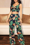 Light Green Sexy Casual Print Hollowed Out Backless Spaghetti Strap Sleeveless Two Pieces