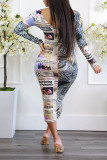 Multicolor Casual Print Patchwork Zipper O Neck One Step Skirt Dresses