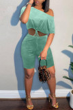 Light Green Fashion Casual Print Bandage Oblique Collar Short Sleeve Two Pieces